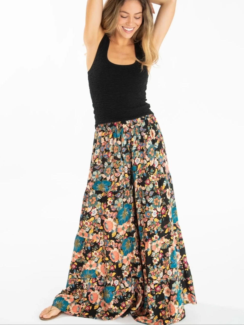 NATURAL LIFE Floral Wide Leg Pants in Black, Teal & Coral - Picture 2 of 14